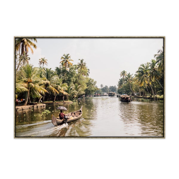 Fine art travel photograph of boats on river in Kerala India.