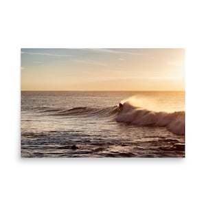 Surfing big wave at sunrise in Santa Barbara, California luster photo paper poster.