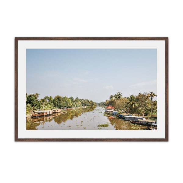 Fine Art Photograph of Kerala Backwaters canal in India with boats framed or loose print.