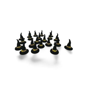 May include: A group of 17 black witch hats with gold trim, scattered on a white background.