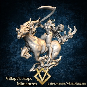 May include: A detailed 3D model of a warrior riding a stylized horse, holding a scythe and a severed head. The figure is clad in armor. The base features the text "Village's Hope Miniatures" and a website address.
