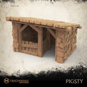 May include: A miniature pigsty model, featuring a stone and wood construction. The roof is made of textured thatch, and the walls are built from rough-hewn stones. The model includes a small wooden gate and is designed for miniature scenery. The text "PIGSTY" is visible.