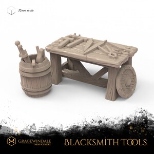 May include: A miniature blacksmith's workbench with tools, a barrel of tools, and a shield. The workbench is made of wood and has various tools on top. The barrel is filled with tools. The shield is round. The text "BLACKSMITH TOOLS" is at the bottom.