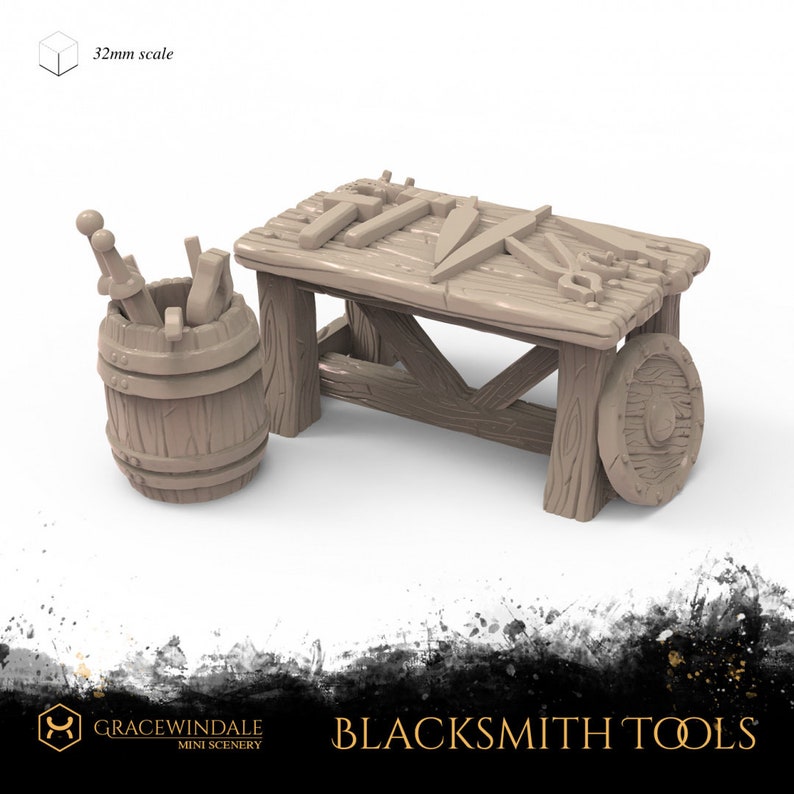 May include: A miniature blacksmith's workbench with tools, a barrel of tools, and a shield. The workbench is made of wood and has various tools on top. The barrel is filled with tools. The shield is round. The text "BLACKSMITH TOOLS" is at the bottom.