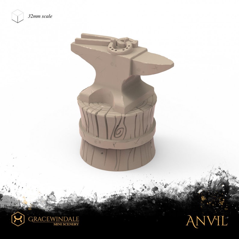 May include: A miniature anvil model, featuring a horseshoe and tongs on top. The anvil is light brown and rests on a wooden base with visible grain and decorative carvings. The text "ANVIL" is visible in the lower right corner.