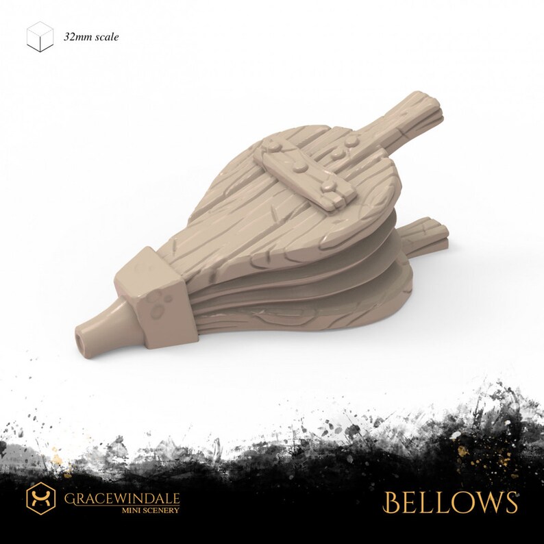 May include: A tan-colored bellows with a wooden handle and a nozzle. The bellows has a textured surface and is designed to be used to blow air. The image also includes the text "32mm scale" and "Bellows".
