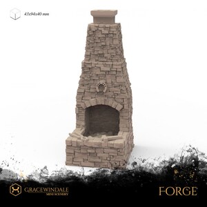 May include: A miniature stone forge model, 43x94x40 mm, with a chimney and arched opening. The model is constructed from textured, light brown stone blocks. A horseshoe is embedded above the arched opening. The word "FORGE" is printed on the bottom right.