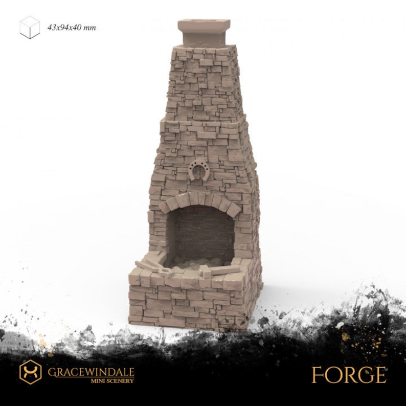 May include: A miniature stone forge model, 43x94x40 mm, with a chimney and arched opening. The model is constructed from textured, light brown stone blocks. A horseshoe is embedded above the arched opening. The word "FORGE" is printed on the bottom right.