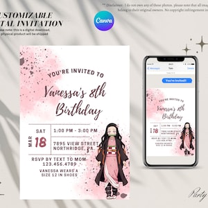 Slayer Nezu Girls Birthday Party Invitation for Her Digital, Editable and Printable Anime, Instant Download