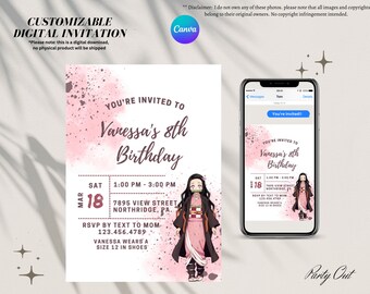 Slayer Nezu Girls Birthday Party Invitation for Her Digital, Editable and Printable Anime, Instant Download