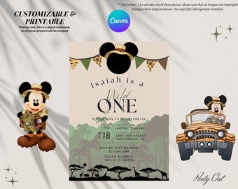 Disney Mickey Safari Zoo Animals Wild Mouse Kids Birthday Party Theme Invitation Digital and Editable using Canva, Instant Download