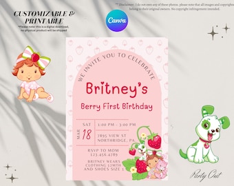 Baby Shortcake Beere Erster Geburtstag, Bearbeitbar auf Canva, Digitale Einladung, Sofort Download