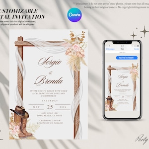 Op de afbeelding: Een digitale uitnodiging met een rustieke uitstraling. De uitnodiging heeft een houten boog die versierd is met gedroogde bloemen en witte stof. De tekst "Sergio & Brenda" is geschreven in een cursief lettertype. De uitnodiging bevat ook de datum, tijd en locatie van het evenement. U bent uitgenodigd! staat in een wit kader op een blauwe achtergrond.