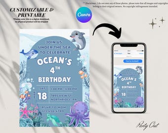 Ozean Aquarell Fisch Junge Geburtstag Party Einladung Sofort Download, Digital, Bearbeitbar mit Canva