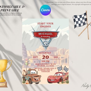CARS Lightning McQueen, Tow Mater, Racing -Disney, Editable on CANVA, Instant Download, Car Birthday Invitation