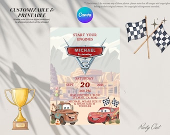 Autos Geburtstagseinladung, Lightning McQueen, bearbeitbare Canva Vorlage (Digitaler Download)