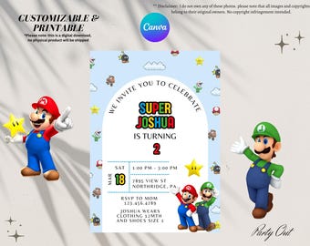 Invitación de cumpleaños de Super Mario Bros, digital, editable en CANVA para él, descarga instantánea