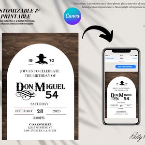 May include: A printable birthday invitation with a rustic wood background. The invitation features a black and white illustration of a man wearing a hat and the text "Join us to celebrate the birthday of Don Miguel 54". The date is February 28, 2025 at 3:00 PM. The location is Casa Gonzalez, 12345 Westing St, Los Angeles, CA 91331.
