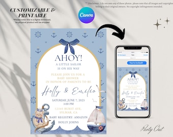 Sailor Navy On the way, Baby Shower für Jungen unterwegs - Bearbeitbar auf CANVA, Instant Download