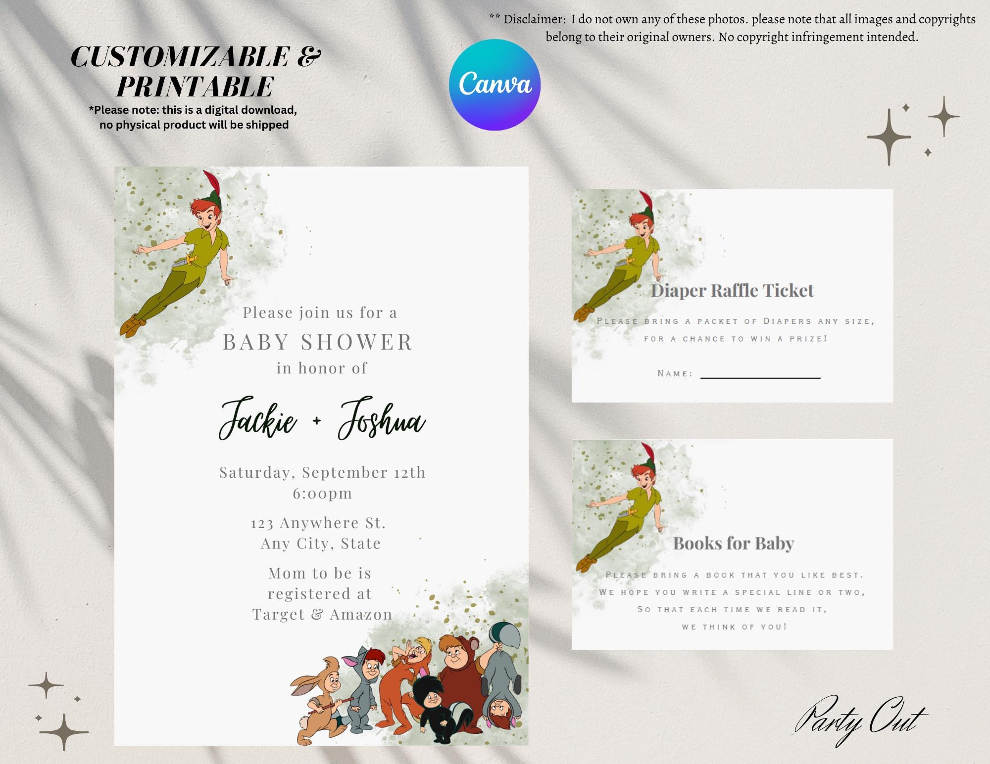 Invitación digital para baby shower de Peter Pan de Disney, libros a juego y tarjetas de pañales, descarga instantánea