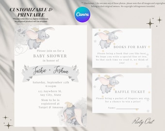 Disney Baby Dumbo-Babyparty-Digitale Einladung und passende Bücher und Windel Karten, Instant Download