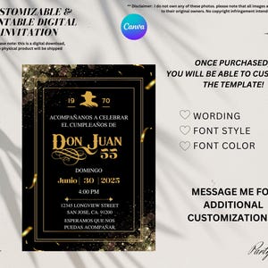 May include: A digital invitation template with a black and gold design. The text reads "Customizable & Printable Digital Invitation" and "Don Juan 55". The invitation includes details for a party on June 30, 2025, at 4:00 PM.