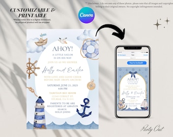 Baby Sailor On the way, Baby Shower, Segelboot Thema Bearbeitbar auf CANVA, Instant Download