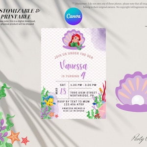 Baby Little Mermaid Ariel Birthday Party Invitation Downloadable Editable Digital Template Instant Download