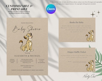 König der Löwen Simba Disney BABY SHOWER Digitale elektronische Einladung Vorlage + Karten, bearbeitbar und herunterladbar auf CANVA, Instant Download