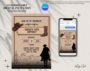 Cowboy Geburtstagsfeier Thema Einladung Digital, bearbeitbar, herunterladbar