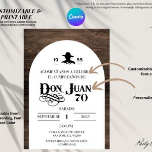 Puede incluir: Una invitación personalizable e imprimible con fondo de madera. La invitación presenta el texto "Don Juan 70" en una fuente decorativa, junto con los detalles del evento. El diseño incluye el logotipo de Canva y el texto "Personalizable e imprimible."