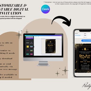 May include: A digital invitation design displayed on a computer monitor and a smartphone. The invitation features a black and gold design with the text "DON JUAN 55". The image also includes the Canva logo and text that reads "CUSTOMIZABLE & PRINTABLE DIGITAL INVITATION".