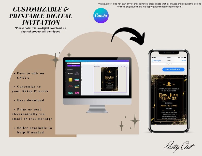 May include: A digital invitation design displayed on a computer monitor and a smartphone. The invitation features a black and gold design with the text "DON JUAN 55". The image also includes the Canva logo and text that reads "CUSTOMIZABLE & PRINTABLE DIGITAL INVITATION".