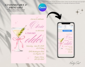 Eine etwas ältere Martini-Geburtstagseinladungsvorlage für Her - Instant Download, bearbeitbar auf CANVA