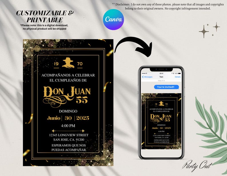 May include: A digital invitation design with a black and gold color scheme. The invitation includes the text "Don Juan 55" and event details. The design is shown on a smartphone screen and is labeled "Customizable & Printable."