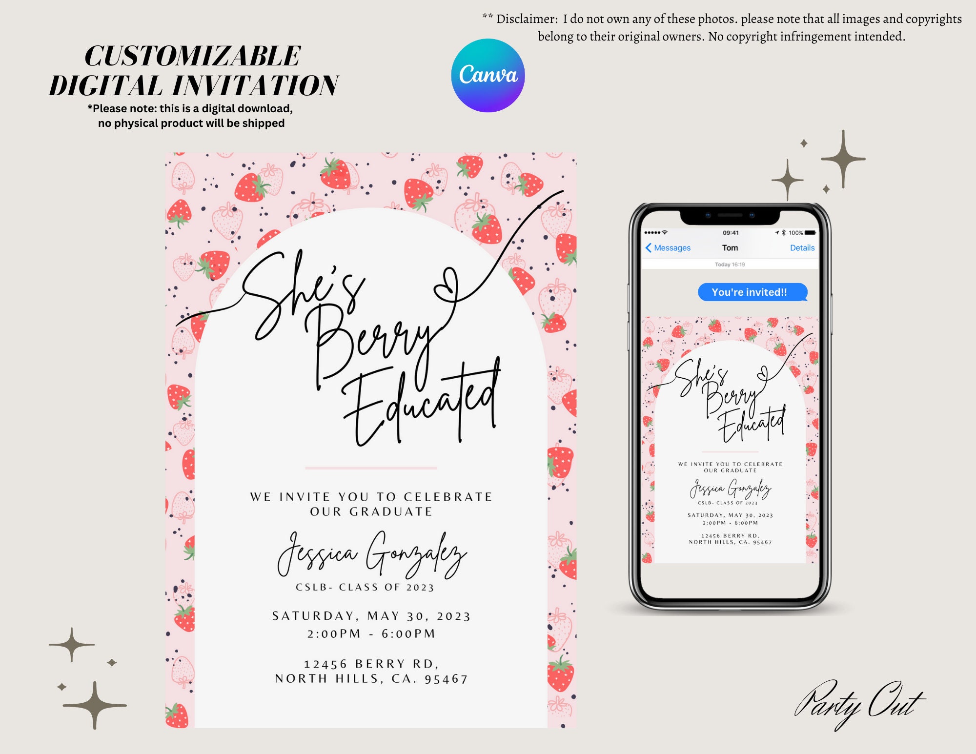 Berry Educated Strawberry Graduation Party Celebration Invitation Template