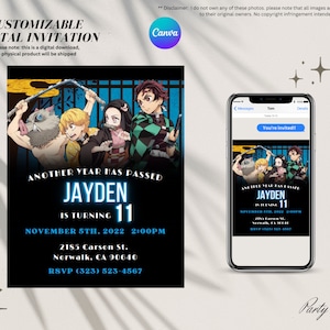 Könnte beinhalten: Digitale Einladung mit Anime-Charakteren, die den Text "ANOTHER YEAR HAS PASSED JAYDEN IS TURNING 11" zeigt. Die Einladung enthält Eventdetails: Datum, Uhrzeit, Adresse und RSVP-Informationen. Auf einem Smartphone-Bildschirm angezeigt.
