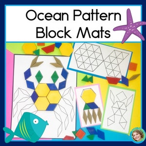 May include: Ocean Pattern Block Mats printable activity set featuring a crab, fish, octopus, and geometric shapes. The mats are black and white outlines with a colourful example of how to complete the pattern using the shapes.