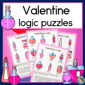 May include: Four printable Valentine's Day logic puzzle cards featuring pink potion bottles with hearts and stars. Each card has a set of clues to help solve the puzzle.