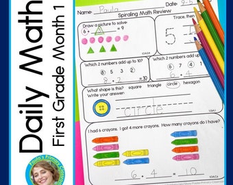 1st Grade Math Spiral Review Daily Worksheets Morning Work Homework Month 1
