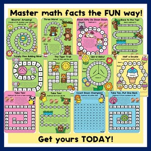 Puede incluir: Una colecci&oacute;n de doce tableros de juegos matem&aacute;ticos coloridos con varios temas como animales, flores y comida. Cada tablero incluye un camino o cuadr&iacute;cula con n&uacute;meros y ecuaciones matem&aacute;ticas, junto con el texto Master math facts the FUN way! y Get yours TODAY!