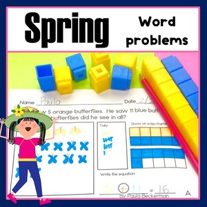 Problemas matemáticos de primavera: Suma y resta en 20 hojas de ejercicios con problemas de texto.