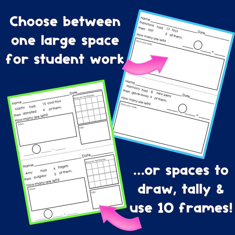 Op de afbeelding: Een afdrukbaar werkblad met een groene rand en een roze pijl die naar rechts wijst. Het werkblad heeft een titel die zegt: "Kies tussen &eacute;&eacute;n grote ruimte voor leerlingenwerk... of ruimtes om te tekenen, tellen en 10-frames te gebruiken!" Het werkblad heeft vier secties met ruimte voor de naam van de leerling, de datum en een woordprobleem. Elke sectie heeft ruimte voor de leerling om zijn werk te laten zien met behulp van een 10-frame, een tekening of telstreepjes.