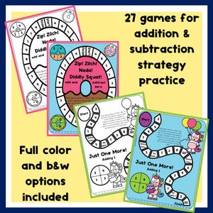 Puede incluir: Juegos educativos para practicar estrategias de suma y resta. La imagen muestra cuatro tableros de juego con dise&ntilde;os coloridos y texto. El texto en los tableros incluye "Zip! Zilch! Nada!" y "Just One More!" con "Opciones a color y b/n incluidas."