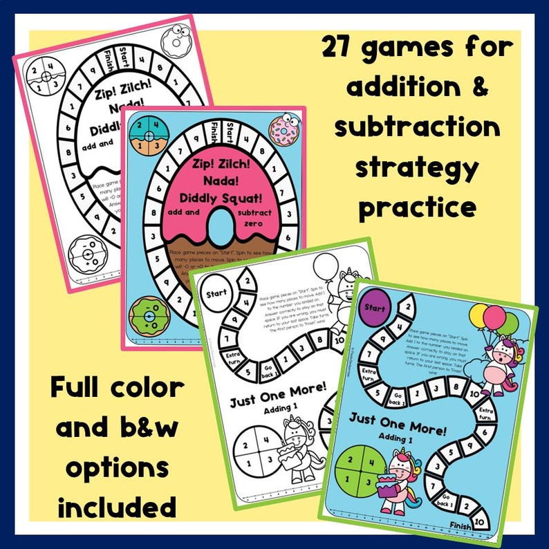 Puede incluir: Juegos educativos para practicar estrategias de suma y resta. La imagen muestra cuatro tableros de juego con dise&ntilde;os coloridos y texto. El texto en los tableros incluye "Zip! Zilch! Nada!" y "Just One More!" con "Opciones a color y b/n incluidas."