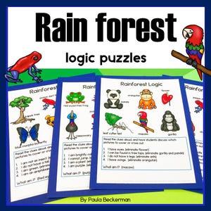 May include: Educational rainforest logic puzzles with colorful illustrations of animals and plants. The text reads "Rain forest logic puzzles" and includes clues for students to solve. Designed by Paula Beckerman.