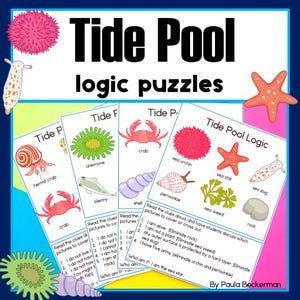 Op de afbeelding: Educatieve poster getiteld "Tide Pool Logic puzzles" met kleurrijke illustraties van zeedieren zoals krabben, zeesterren en zee-egels. De poster bevat logische puzzels met aanwijzingen. De tekst is vetgedrukt.