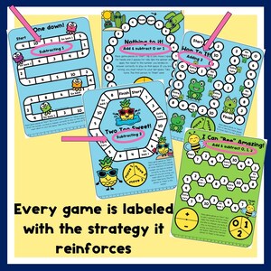 Puede incluir: Una colecci&oacute;n de cinco juegos de mesa educativos de matem&aacute;ticas para ni&ntilde;os. Cada hoja de juego presenta personajes de dibujos animados, caminos numerados y estrategias matem&aacute;ticas etiquetadas como Subtracting 1, Add & subtract 0 or 1, Adding 2, Subtracting 2 y Add & subtract 0, 1, 2.