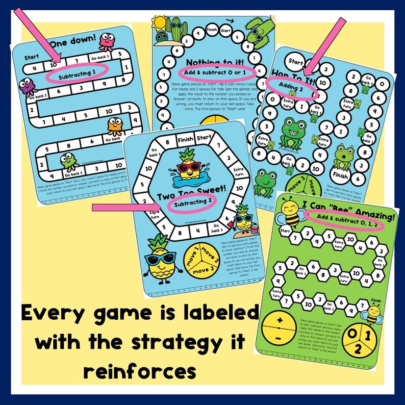 Puede incluir: Una colecci&oacute;n de cinco juegos de mesa educativos de matem&aacute;ticas para ni&ntilde;os. Cada hoja de juego presenta personajes de dibujos animados, caminos numerados y estrategias matem&aacute;ticas etiquetadas como Subtracting 1, Add & subtract 0 or 1, Adding 2, Subtracting 2 y Add & subtract 0, 1, 2.