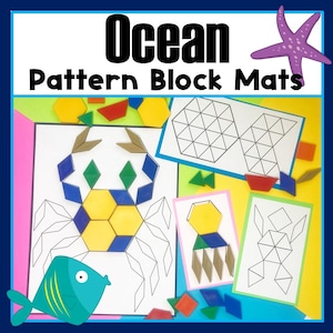 Puede incluir: Alfombras educativas Ocean Pattern Block con formas geométricas coloridas. Las alfombras presentan contornos de criaturas marinas y patrones geométricos, con una ilustración de una estrella de mar y un pez. El texto "Ocean Pattern Block Mats" se muestra en la parte superior.